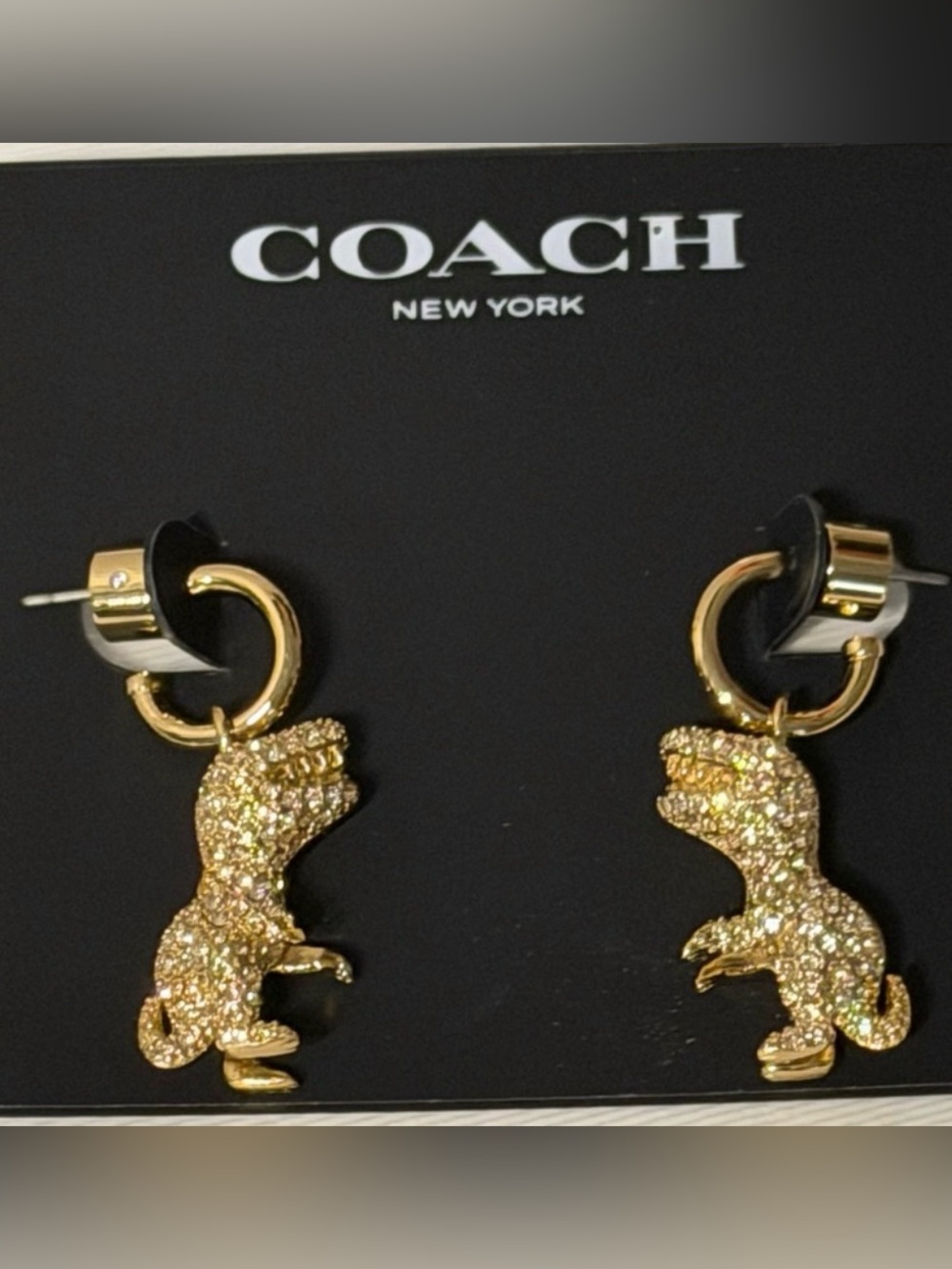 NWT Coach Pavé Rexy Dinosaur Huggie Hoop Earrings Gold